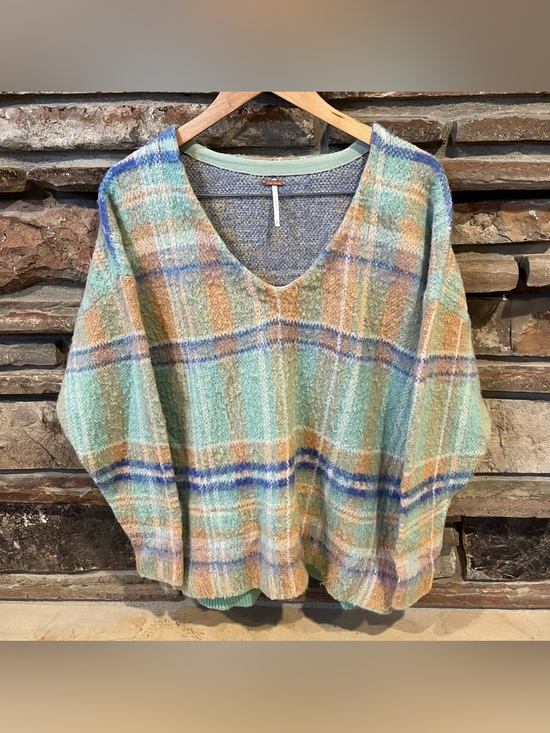 Free People Sweaters - Free People Primrose Plaid Tunic V-Neck Sweater in Mint, Tan & Blue